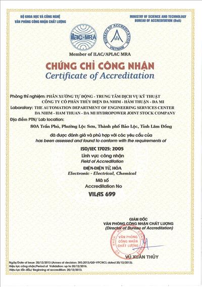 Phân xưởng Tự động – Trung tâm Dịch vụ Kỹ thuật DHD nhận chứng chỉ ISO/IEC 17025:2005 